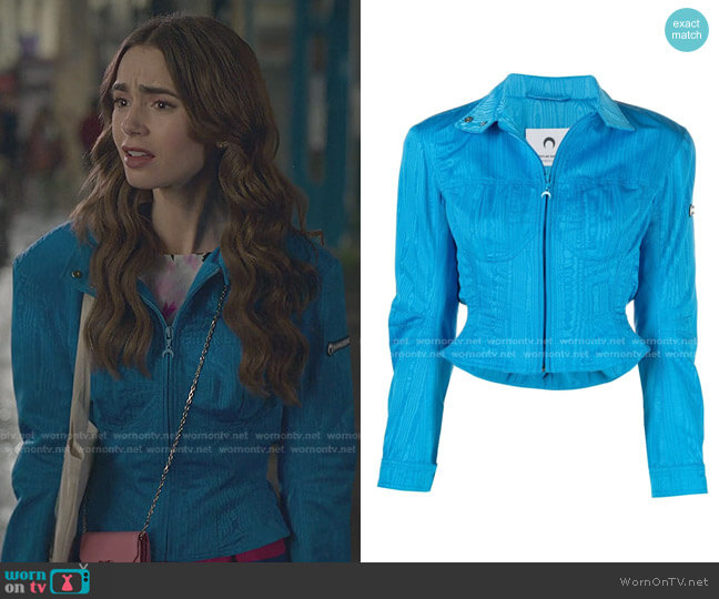 Marine Serre Shaped Cropped Bomber Jacket worn by Emily Cooper (Lily Collins) on Emily in Paris