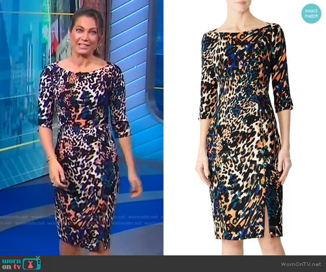Black Halo Marissa Leopard Sheath Dress worn by Ginger Zee on Good Morning America