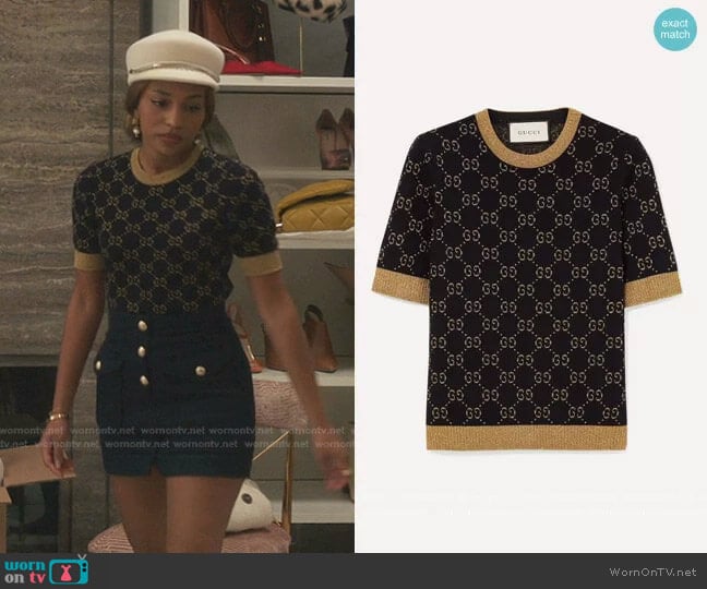 Gucci Metallic intarsia cotton-blend sweater worn by Monet de Haan (Savannah Lee Smith) on Gossip Girl
