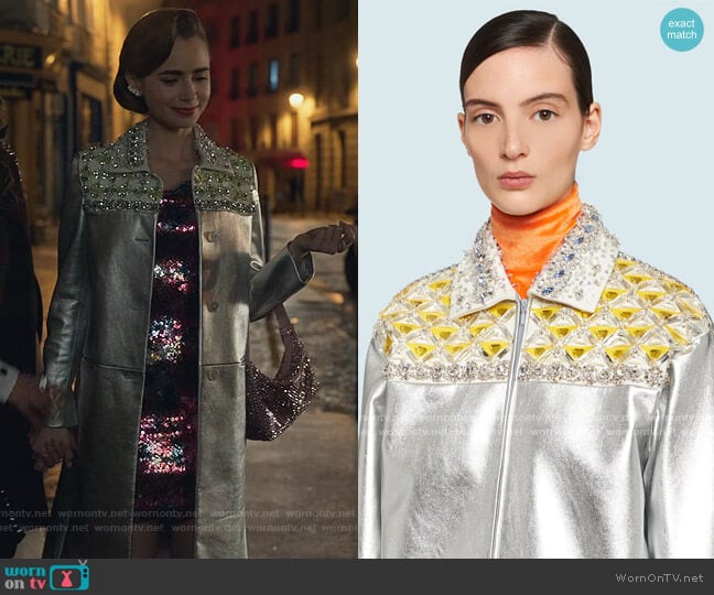 Miu Miu Embroidered Nappa Leather Coat worn by Emily Cooper (Lily Collins) on Emily in Paris