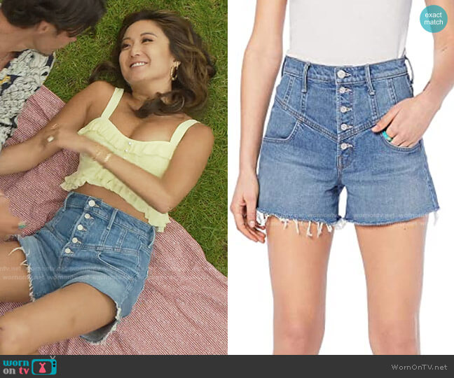 Mother High-Waist Frayed Cutoff Shorts worn by Mindy Chen (Ashley Park) on Emily in Paris