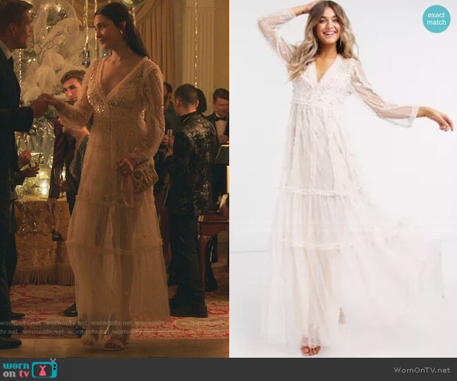 Needle & Thread Embellished Plunge Maxi Dress worn by Luna La (Zión Moreno) on Gossip Girl
