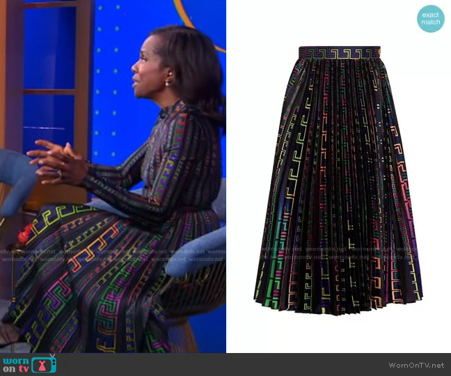 Versace Neon Greco Print Pleated Skirt worn by Deborah Roberts on Good Morning America