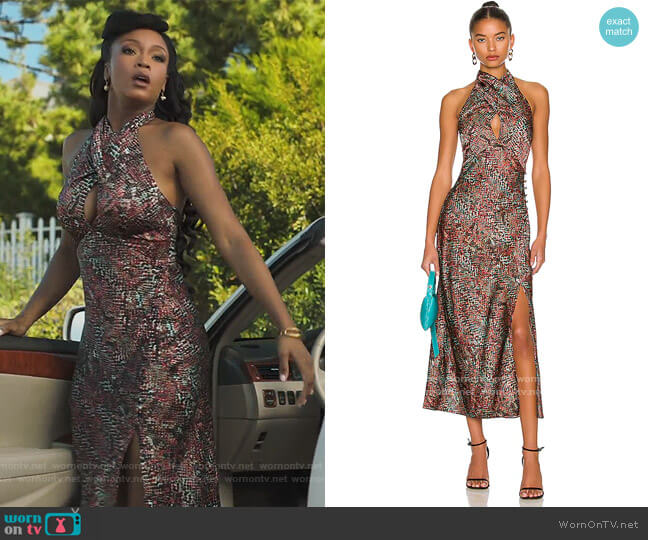 Nicholas Aline Cross Over Halter Midi Dress with Side Gather worn by Angela Vaughn (Yaya DaCosta) on Our Kind of People