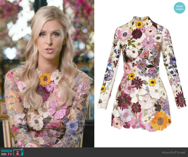 Oscar de la Renta Embroidered Flower Bell Skirt Dress worn by Nicky Hilton Rothschild on Paris in Love