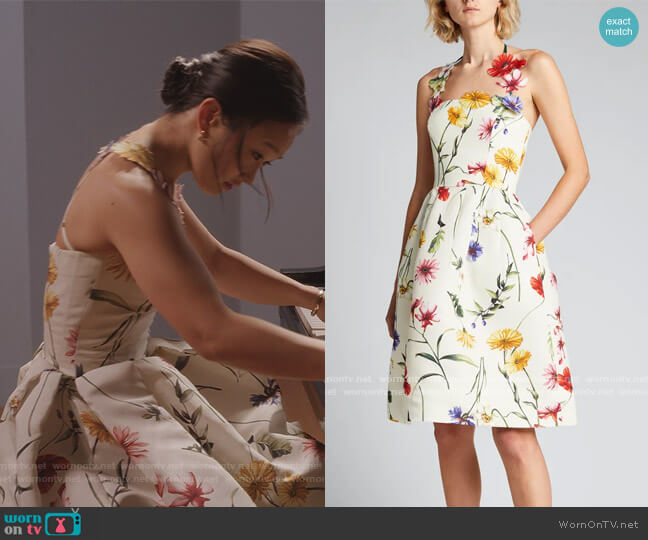 Oscar De La Renta Floral-Applique Halter-Neck Dress worn by Lily Goldenblatt (Cathy Ang) on And Just Like That