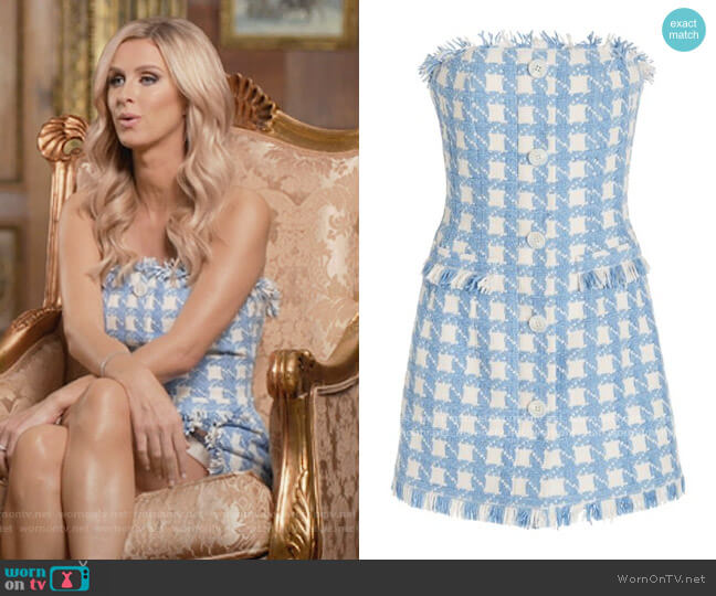 Oscar de la Renta Gingham Tweed Button Front Strapless Dress worn by Nicky Hilton Rothschild on Paris in Love