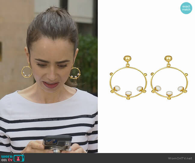 Ottoman Hands Aristea Pearl and Gold Bead Hoop Earrings worn by Emily Cooper (Lily Collins) on Emily in Paris