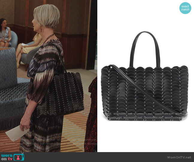Paco Rabanne Pacoio disc-embellished tote worn by Miranda Hobbs (Cynthia Nixon) on And Just Like That