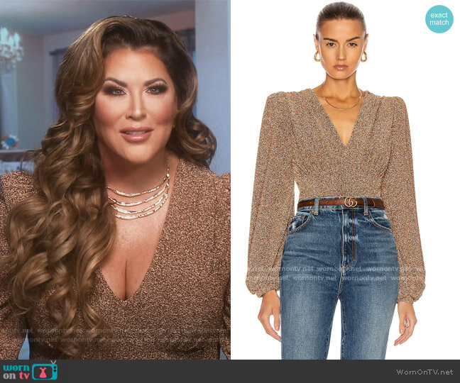 Patbo Lurex Plunge Bodysuit worn by Emily Simpson on The Real Housewives of Orange County