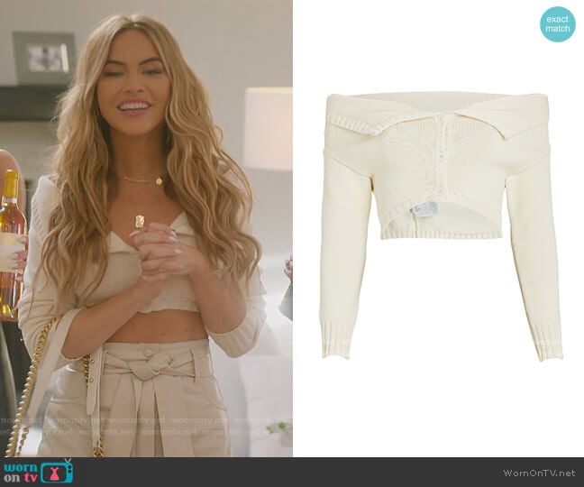 Philosophy di Lorenzo Serafini Off-The-Shoulder Cropped Cardigan worn by Chrishell Stause on Selling Sunset