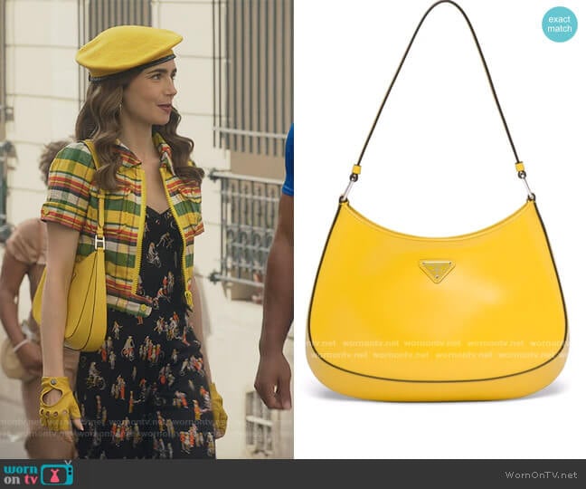 Prada Cleo brushed leather shoulder bag worn by Emily Cooper (Lily Collins) on Emily in Paris