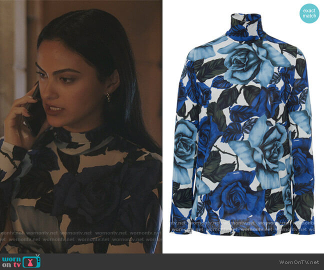 Prada Floral-Print Georgette Turtleneck Top worn by Veronica Lodge (Camila Mendes) on Riverdale