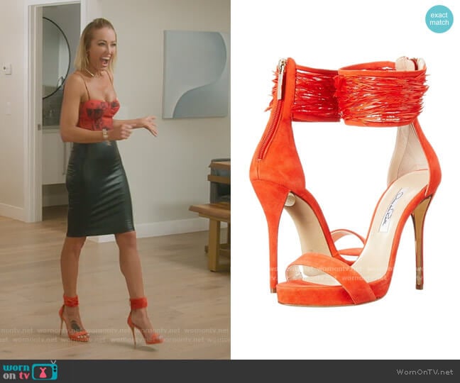 Oscar de la Renta Red Sandra Feathered Ankle Cuff Sandals worn by Mary Fitzgerald on Selling Sunset