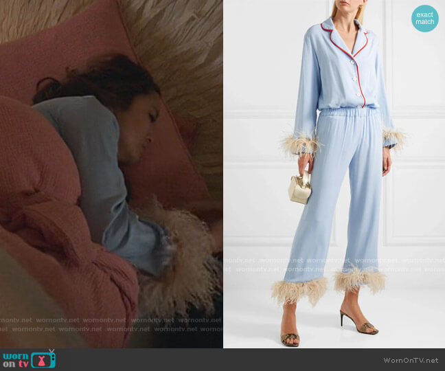 Sleeper Feather Trim Crepe de Chine Pajama Set worn by Mindy Chen (Ashley Park) on Emily in Paris