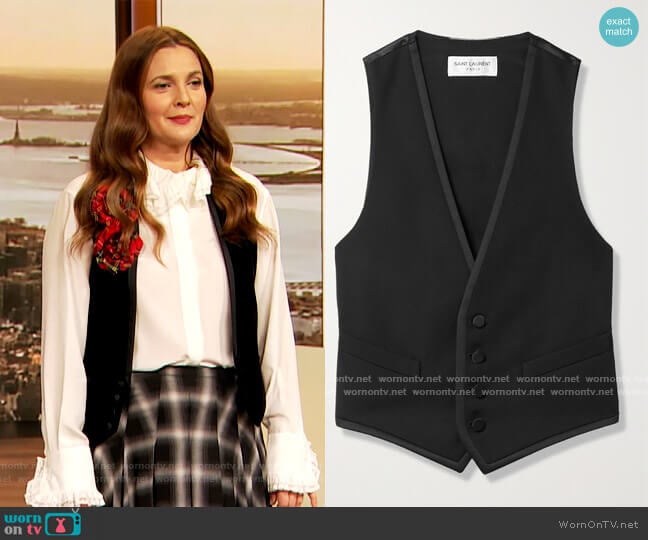 Saint Laurent Cropped grain de poudre wool and silk-satin vest worn by Drew Barrymore on The Drew Barrymore Show
