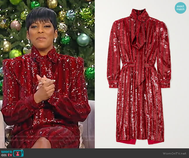Saint Laurent Pussy-bow striped sequined silk-crepe midi dress worn by Tamron Hall on Tamron Hall Show
