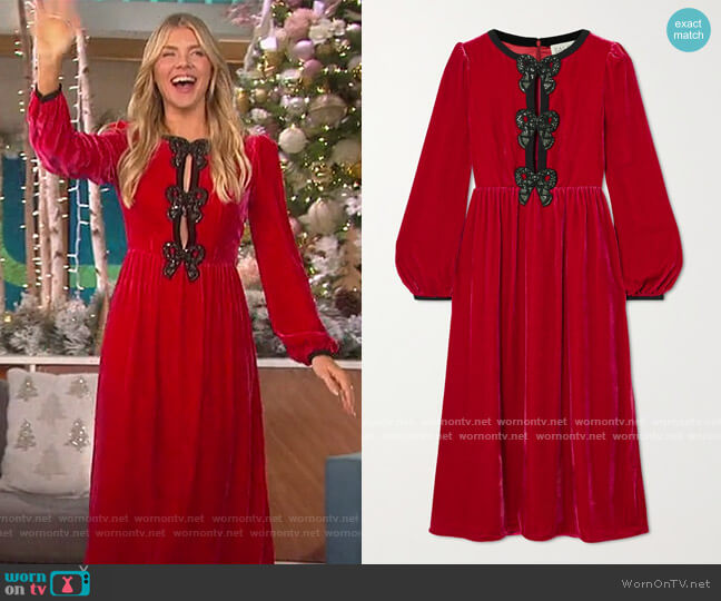 Saloni Camille bow-embellished velvet midi dress worn by Amanda Kloots on The Talk