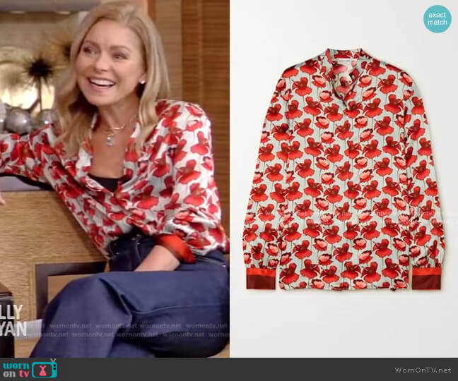 Raquel Diniz Savannah Floral-Print Silk-Satin Blouse worn by Kelly Ripa on Live with Kelly and Mark