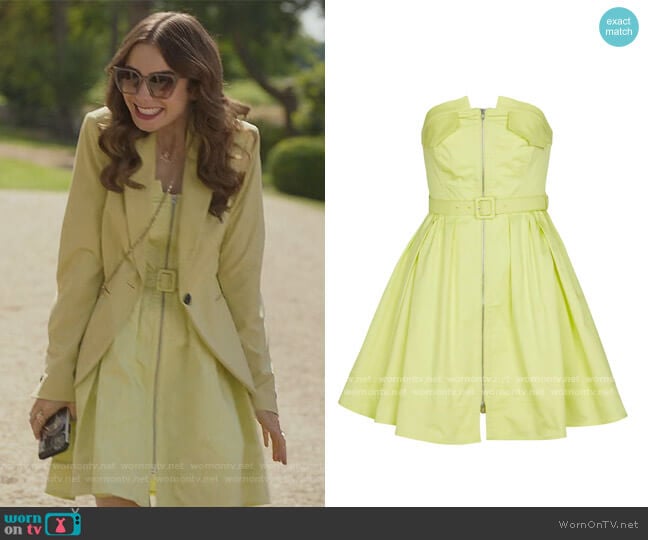 Self Portrait Organic cotton strapless minidress worn by Emily Cooper (Lily Collins) on Emily in Paris