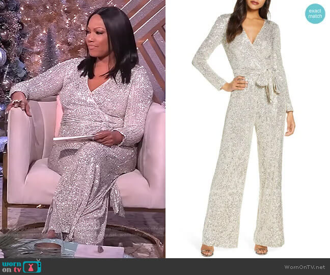 Eliza J Sequin Wrap Front Long Sleeve Jumpsuit worn by Garcelle Beauvais on The Real