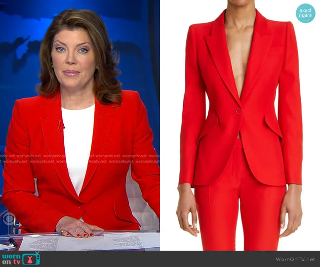 Alexander McQueen Single-Breasted Crepe Blazer worn by Norah O'Donnell on CBS Evening News