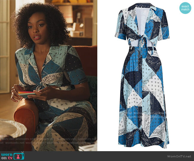 Staud Giorgiana Bandana Tie-Waist Shirt Dress worn by Nikki Vaughn (Alana Bright) on Our Kind of People