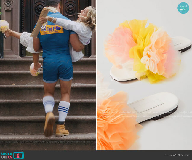 Tomo Koizumi x Emilio Pucci Ruffled tulle and leather slides worn by Carrie Bradshaw (Sarah Jessica Parker) on And Just Like That