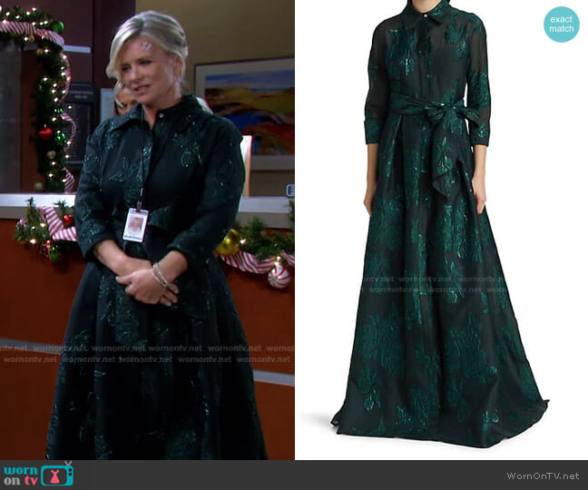 Teri Jon by Rickie Freeman Three-Quarter Sleeve Metallic Jacquard Shirt Waist Gown worn by Kayla Brady (Mary Beth Evans) on Days of our Lives