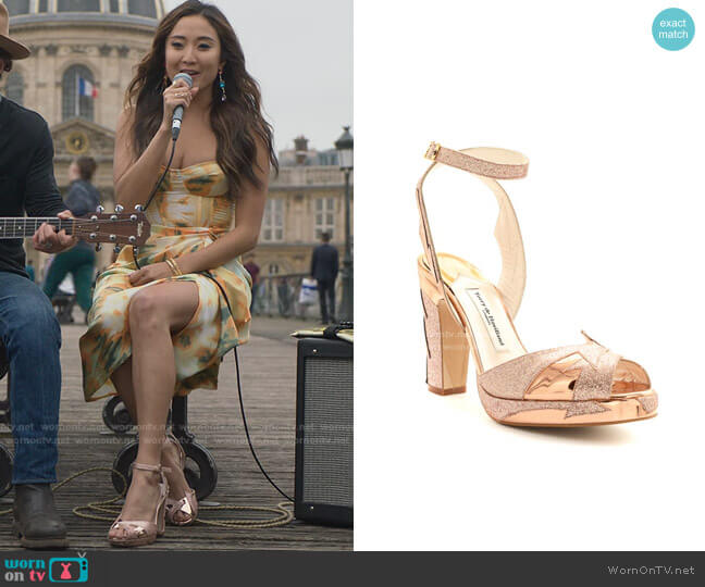 Terry de Havilland Zia 95 Heels in Rose Gold worn by Mindy Chen (Ashley Park) on Emily in Paris