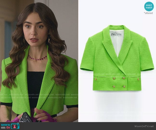 Zara Textured Cropped Blazer worn by Emily Cooper (Lily Collins) on Emily in Paris