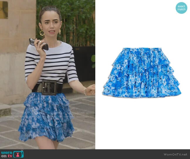 The Kooples Flowing Floral Print Frilly Skirt worn by Emily Cooper (Lily Collins) on Emily in Paris