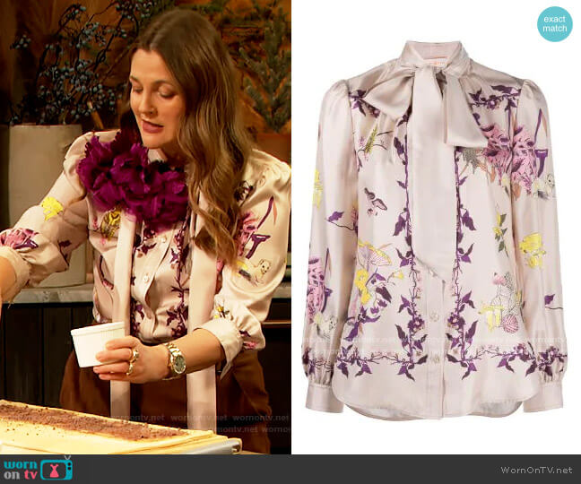 Tory Burch Silk Blouse with pussy bow detail worn by Drew Barrymore on The Drew Barrymore Show