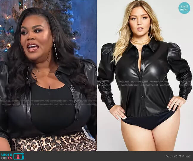 Nina Parker Trendy Plus Size Puff-Sleeve Pleather Bodysuit worn by Nina Parker on E! News