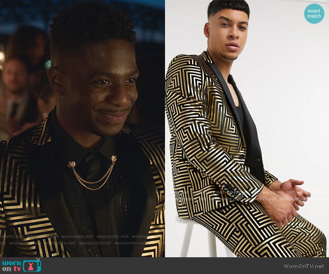 ASOS Twisted Tailor suit jacket with satin lapel with gold geo foil in black velvet worn by Julien (Samuel Arnold) on Emily in Paris