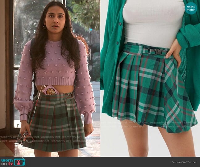 Urban Outfitters Marianne Buckle Waist Mini Skirt worn by Bela Malhotra (Amrit Kaur) on The Sex Lives of College Girls