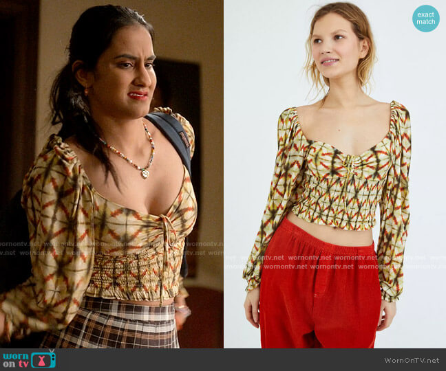 Urban Outfitters Old Soul Smocked Top worn by Bela Malhotra (Amrit Kaur) on The Sex Lives of College Girls