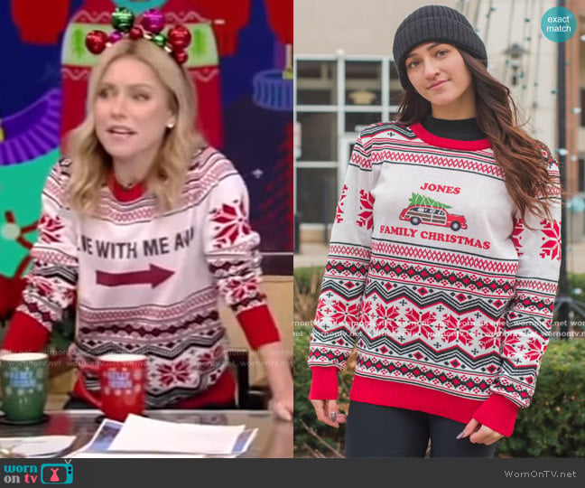 Ugly Christmas Sweater Custom Poly-Knit Logo Christmas Sweater worn by Kelly Ripa on Live with Kelly and Mark