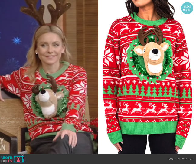 Ugly Christmas Sweater Reindeer Trophy Head 3D LED Sweater worn by Kelly Ripa on Live with Kelly and Mark