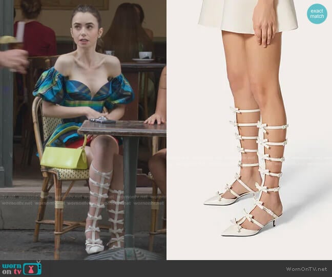 Valentino Ankle Strap Pump with Kidskin French Bows worn by Emily Cooper (Lily Collins) on Emily in Paris