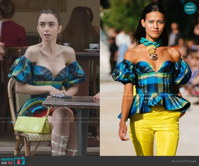 Vassilis Zoulias Beatrice Top worn by Emily Cooper (Lily Collins) on Emily in Paris