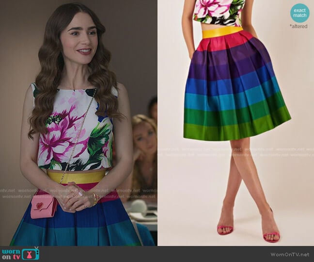 Vassilis Zoulias Sandy Rainbow Skirt worn by Emily Cooper (Lily Collins) on Emily in Paris