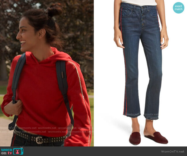 Veronica Beard Carolyn Tuxedo Stripe Baby Boot Crop Jeans worn by Bela Malhotra (Amrit Kaur) on The Sex Lives of College Girls