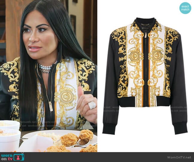 Versace Medusa Printed Bomber Jacket worn by Jen Shah on The Real Housewives of Salt Lake City
