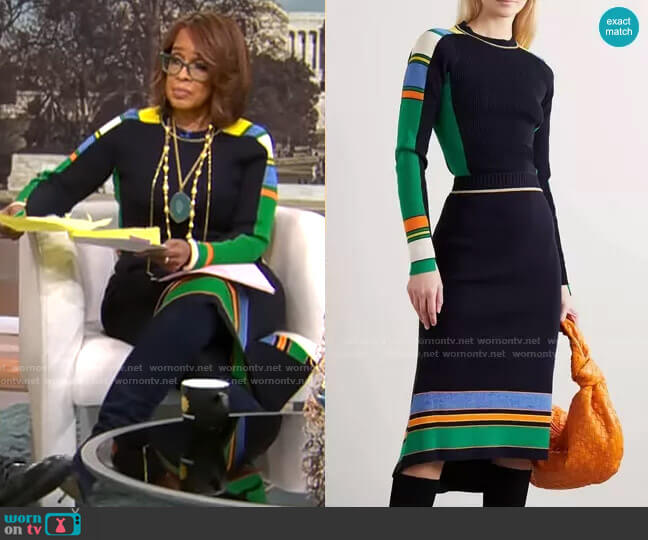 Victoria Beckham Striped ribbed cotton-blend sweater worn by Gayle King on CBS Mornings