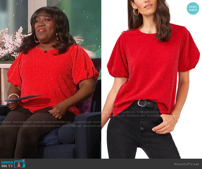 Vince Camuto Short Puffed Sleeve Metallic Knit Top worn by Sheryl Underwood on The Talk