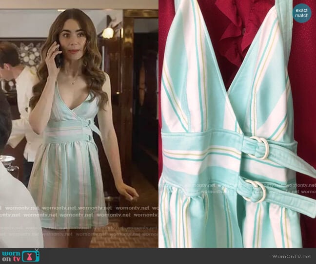 Courreges Vintage Blue Stripe Dress worn by Emily Cooper (Lily Collins) on Emily in Paris