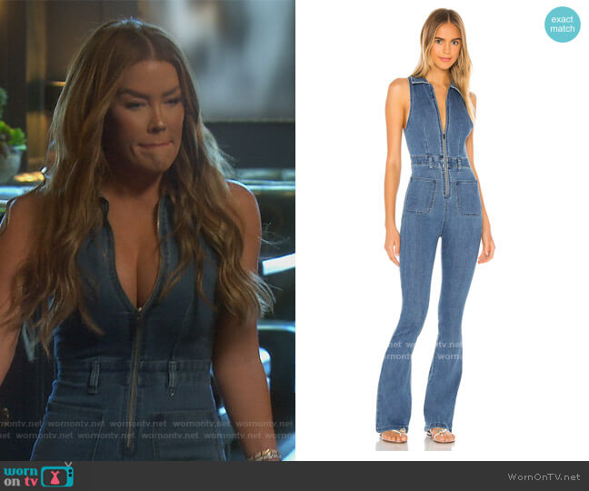 We Wore What Sleeveless Flare Stretch Denim Jumpsuit