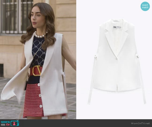 Zara Waistcoat with Vents worn by Emily Cooper (Lily Collins) on Emily in Paris