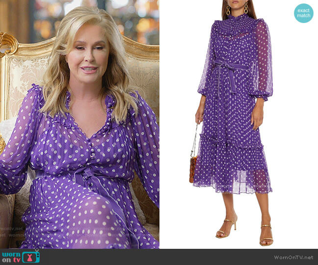 Zimmermann Belted ruffle-trimmed polka-dot silk-crepon midi dress worn by Kathy Hilton on Paris in Love